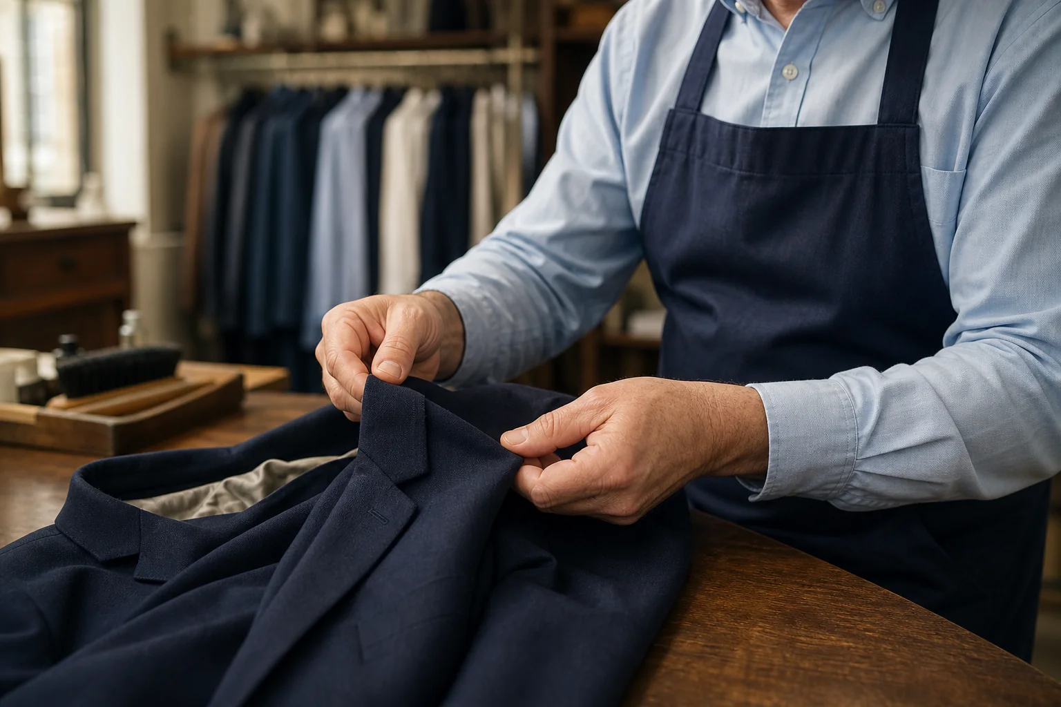 An experienced garment-care specialist carefully inspecting a navy formal jacket