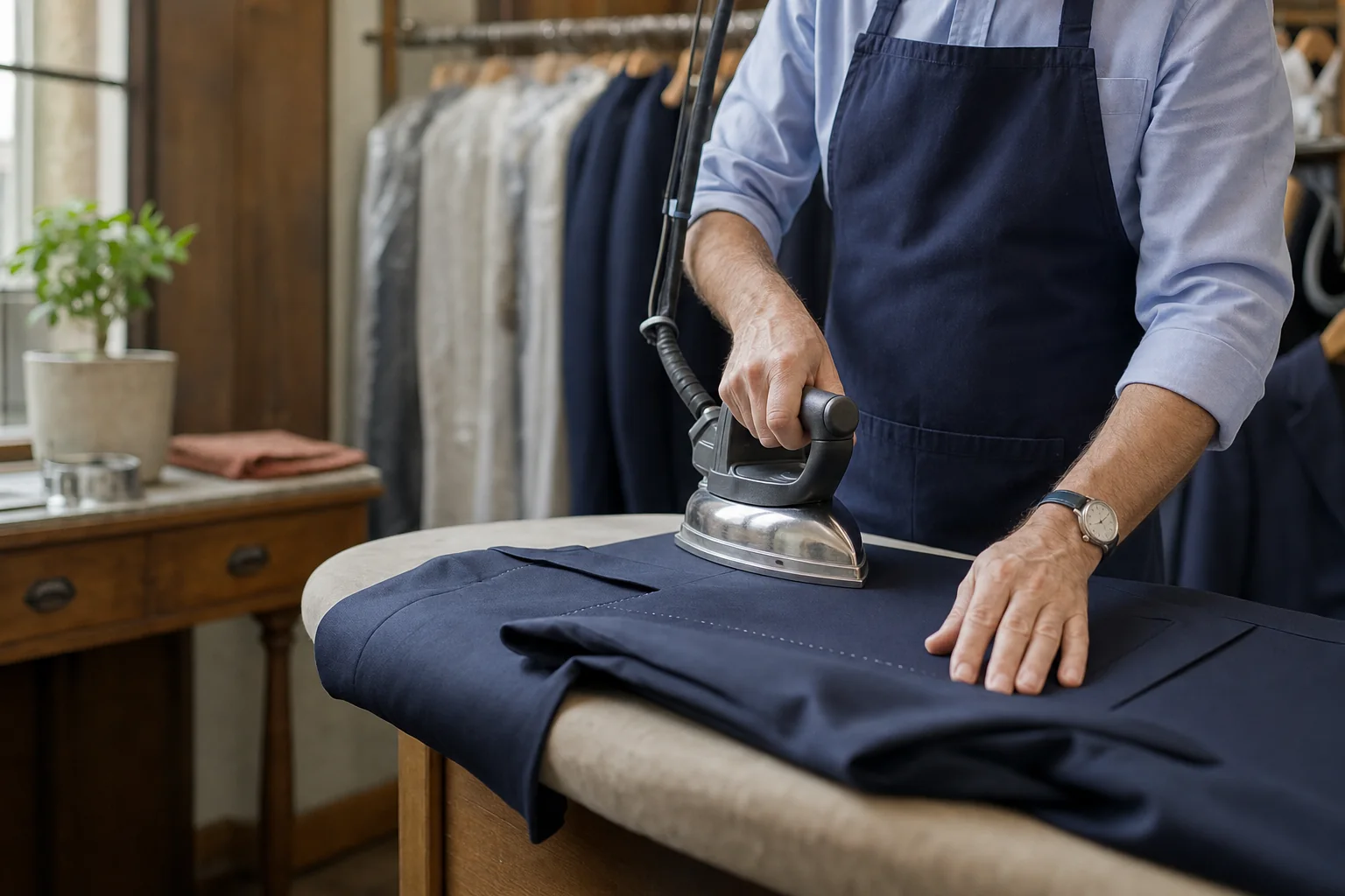 A dry-cleaning professional carefully pressing a navy suit