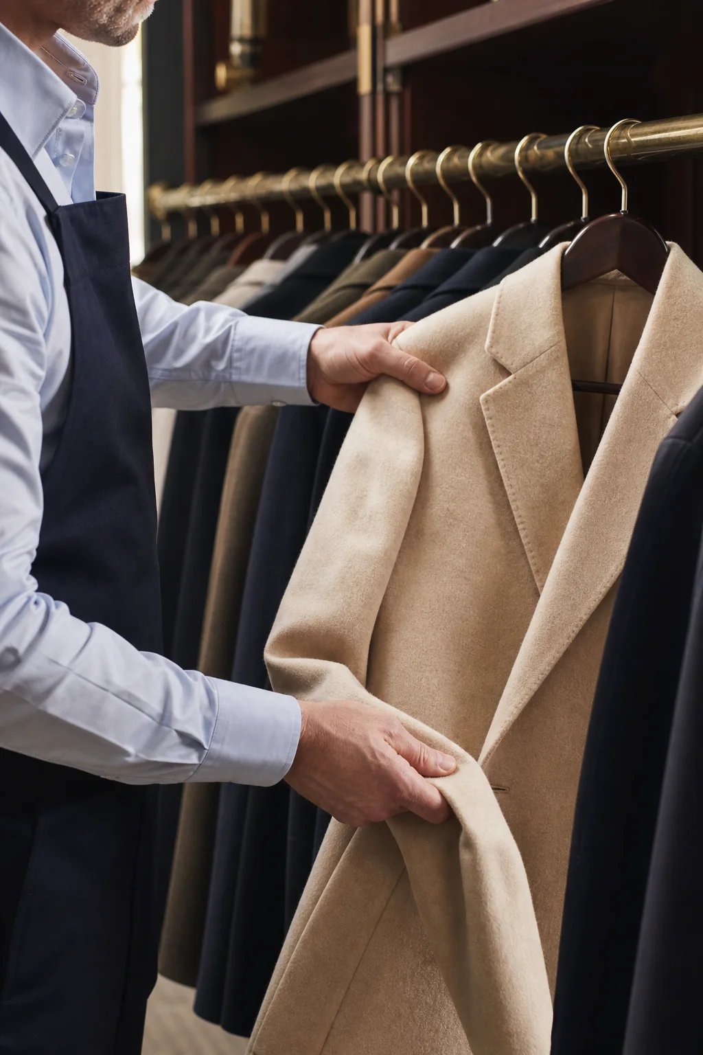 A Prontaclean garment-care specialist hand-finishing a suit